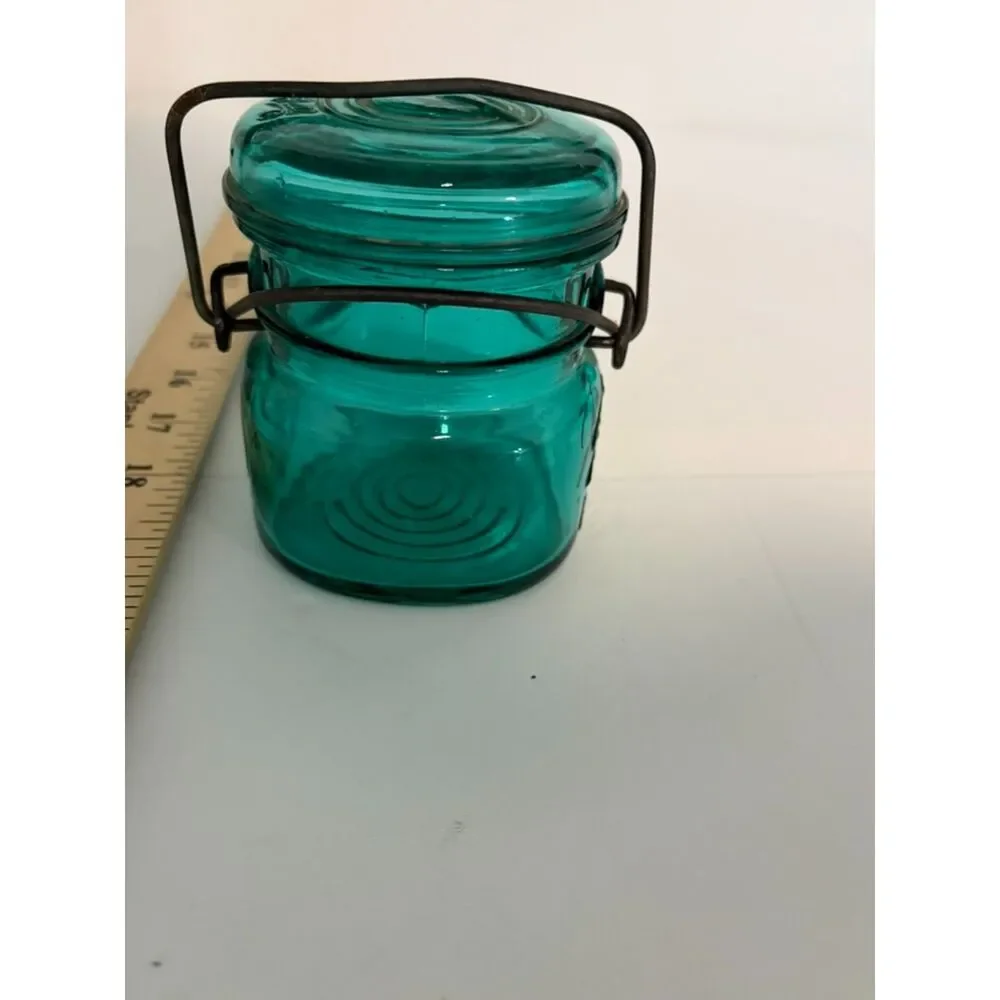 vtg teal ball ideal bicentennial half pint mason jar with wire bail